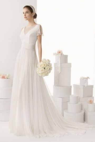 Elegant Sheer V neck Brush Train Cheap Wedding Dress UK