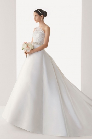 Simple Sheer One Shoulder Empire Satin Court Train Wedding Dress Cheap Persun