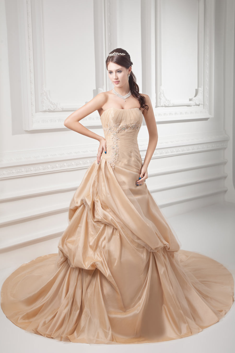 Gorgeous Champagne Taffeta Strapless Sequins Formal Gown