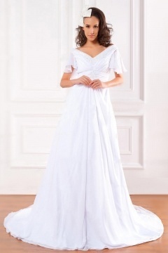 Chic White V Neck Chiffon Ruffle Maternity Bridal Dress With Sleeves