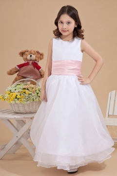 Simple A line White Organza Sleeveless Flower Girl Dress with Sash