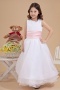 Simple A line White Organza Sleeveless Flower Girl Dress with Sash