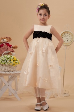 Bateau Organza Tea length Empire Flowers Girl Dress