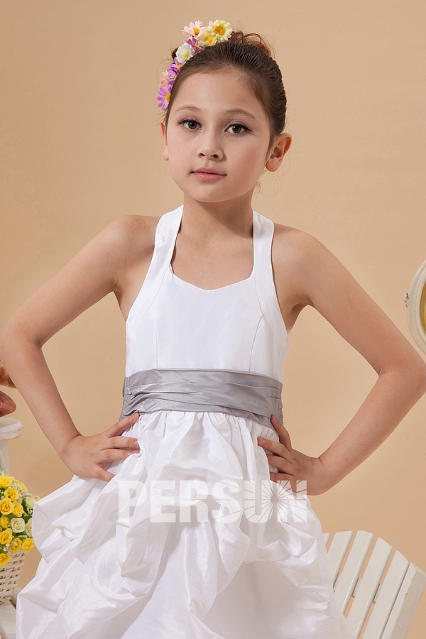 Halter White Taffeta Tea length Empire Pick up skirt Sash Flower Girl Dress