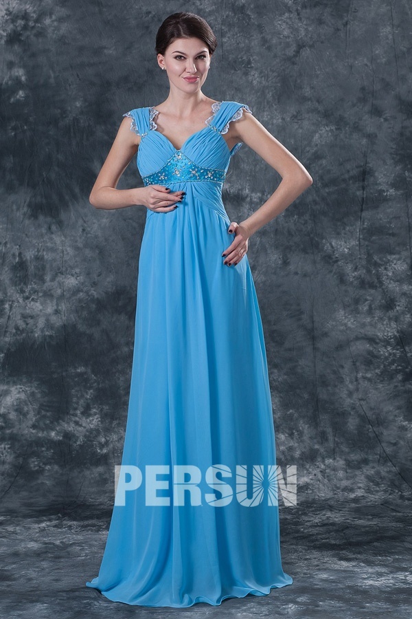 Elegant Blue V Neck Chiffon Empire Ruched Long Evening Dress