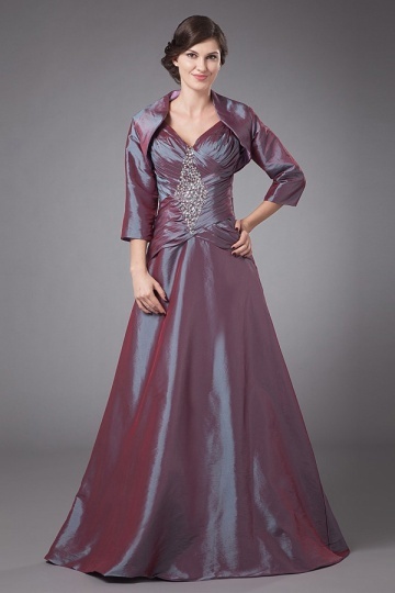 Simple Taffeta V neck Spaghetti Beading Ruching Mother of the Bride Dress with Jacket