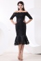 Elegant Off Shoulder Sequins Black Tea Length Satin Dress
