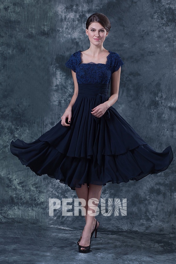 Elegant Square Chiffon A Line Tea Length Blue Mother Of The Bride Dress