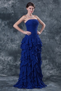 Simple Chiffon Strapless Blue A Line Flouncy Long Evening Dress