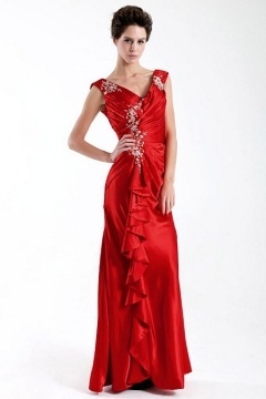 Gorgeous Stretch Satin Sheath V neck Neckline Tank Sleeves Full Length Ruched Mother of the Bride Dress