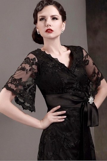 Gorgeous Lace &Stretch Satin A Line V Neck Short Sleeves Buckle Sashes evening Dress 
