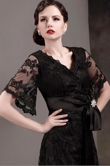 Gorgeous Lace &Stretch Satin A Line V Neck Short Sleeves Buckle Sashes evening Dress