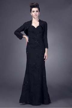 Junoesque Chiffon Sheath 3/4 Long Sleeve Length Floor Mother of the Bride Dress With Beaded Lace Appliques
