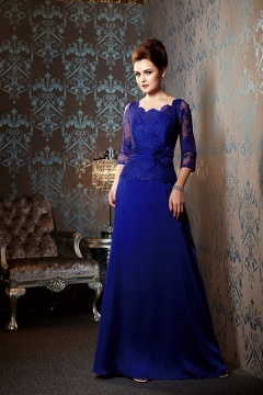 Unique Scalloped Neckline Sleeved Mother of the Bride Dress