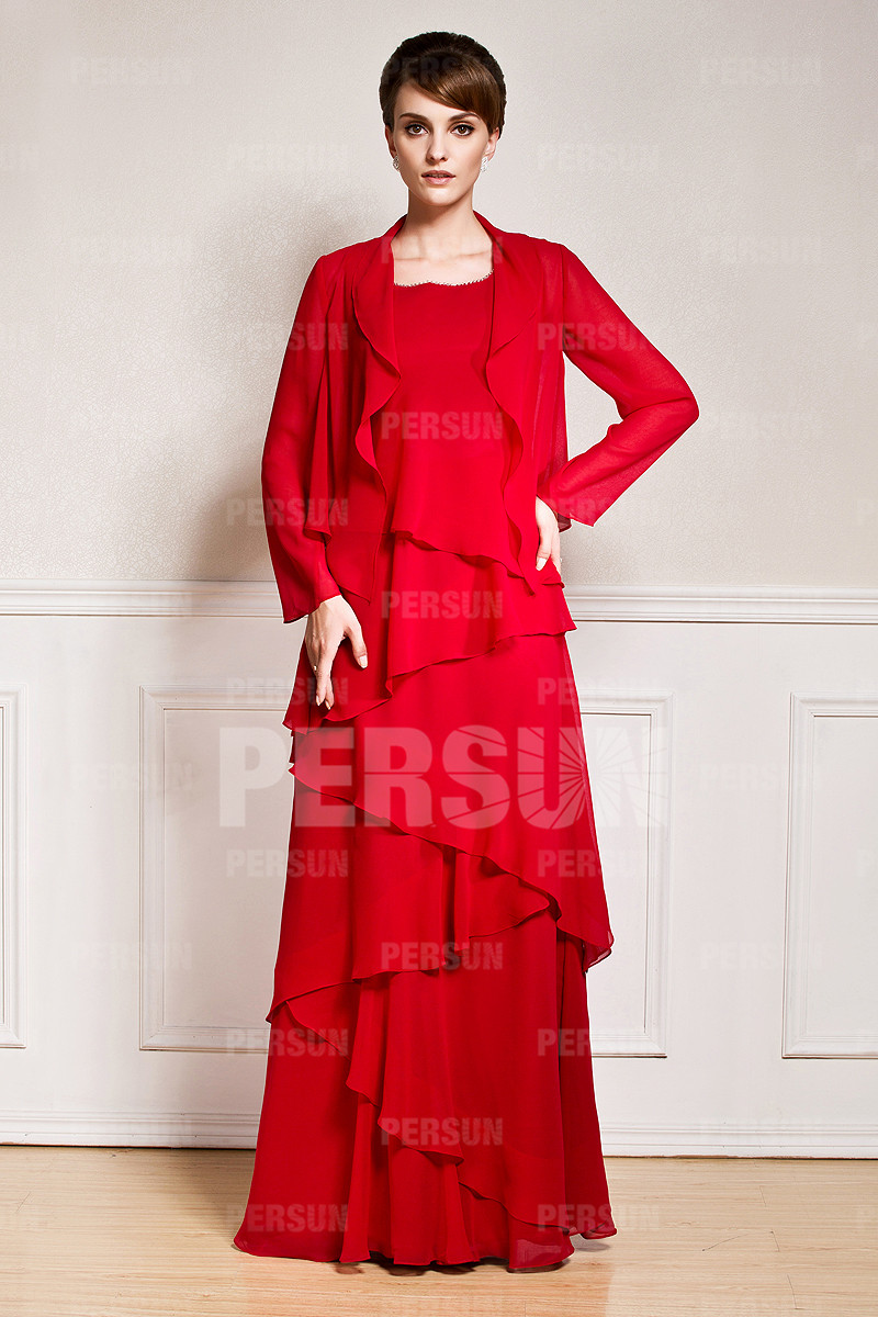 Gorgeous Red Chiffon Tiers Floor Length Mother of the Bride Dress With Jacket