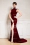 High neck claret mother of the bride dress with beading on shoulders