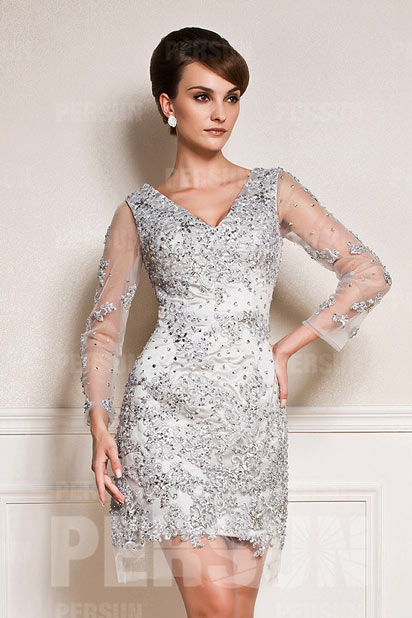 Elegantes Elegant V-Ausschnitt Kurzes Abendkleid mit Ärmeln Persun