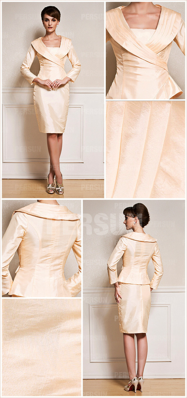  Short Simple Taffeta Mother of the Bride Dress with Long Sleeves front and back design details from Dressesmallau