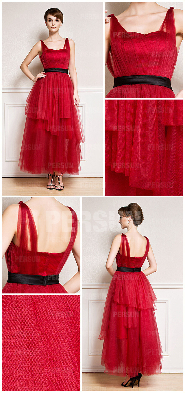  Ankle length Tulle Formal Evening Dress in Red tone with Black Sash front and back design from Dressesmallau