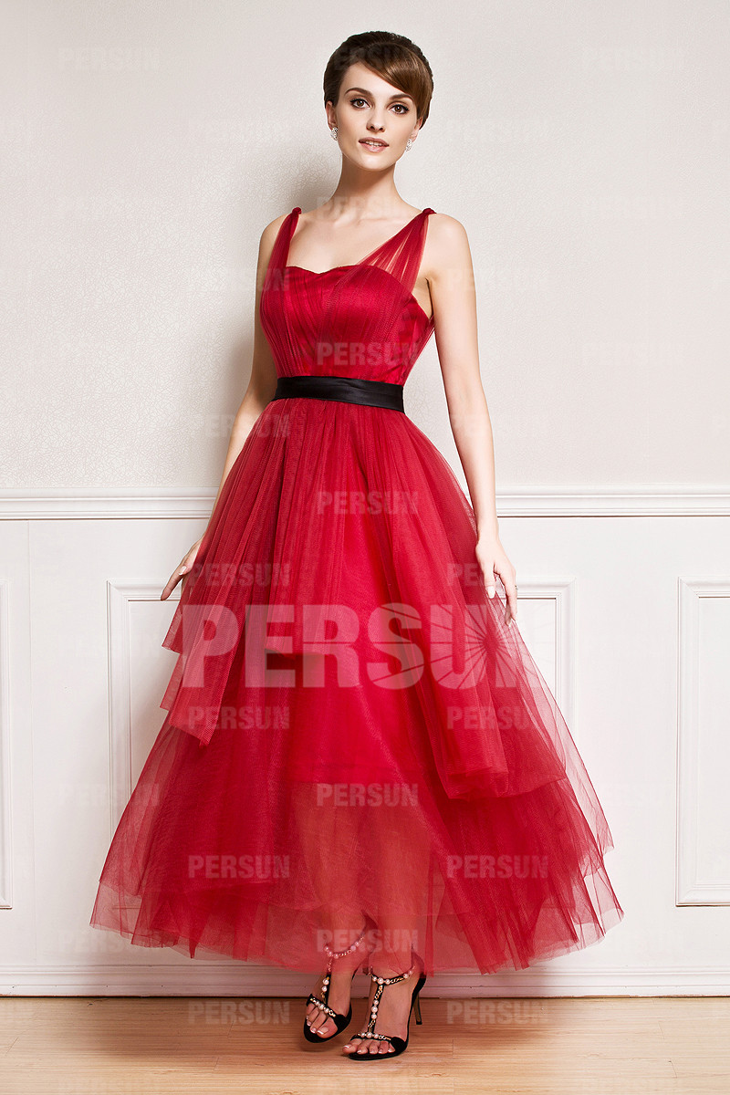 Ankle length Tulle Formal Evening Dress in Red tone with Black Sash