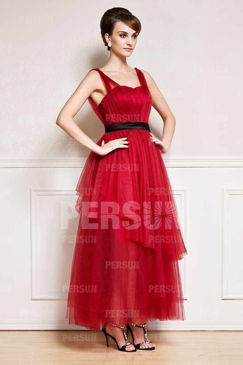 Ankle length Tulle Formal Evening Dress in Red tone with Black Sash