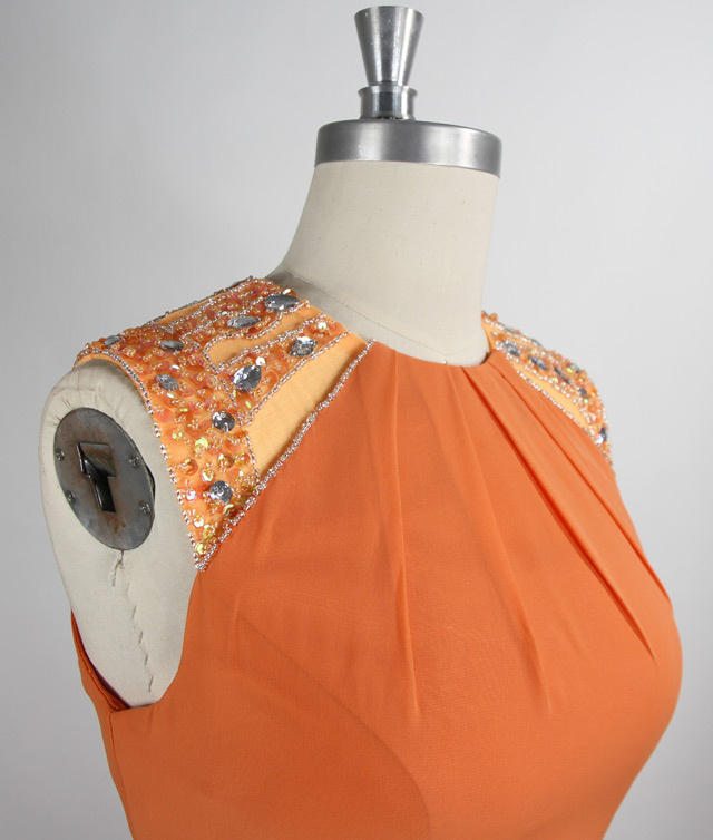  Orange Beaded Ruched Chiffon High Neck Long Formal Evening Dress chest design details
