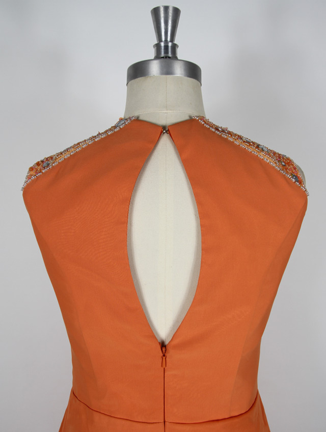  orange Beaded Ruched Chiffon High Neck Long Formal Evening Dress back zipper design