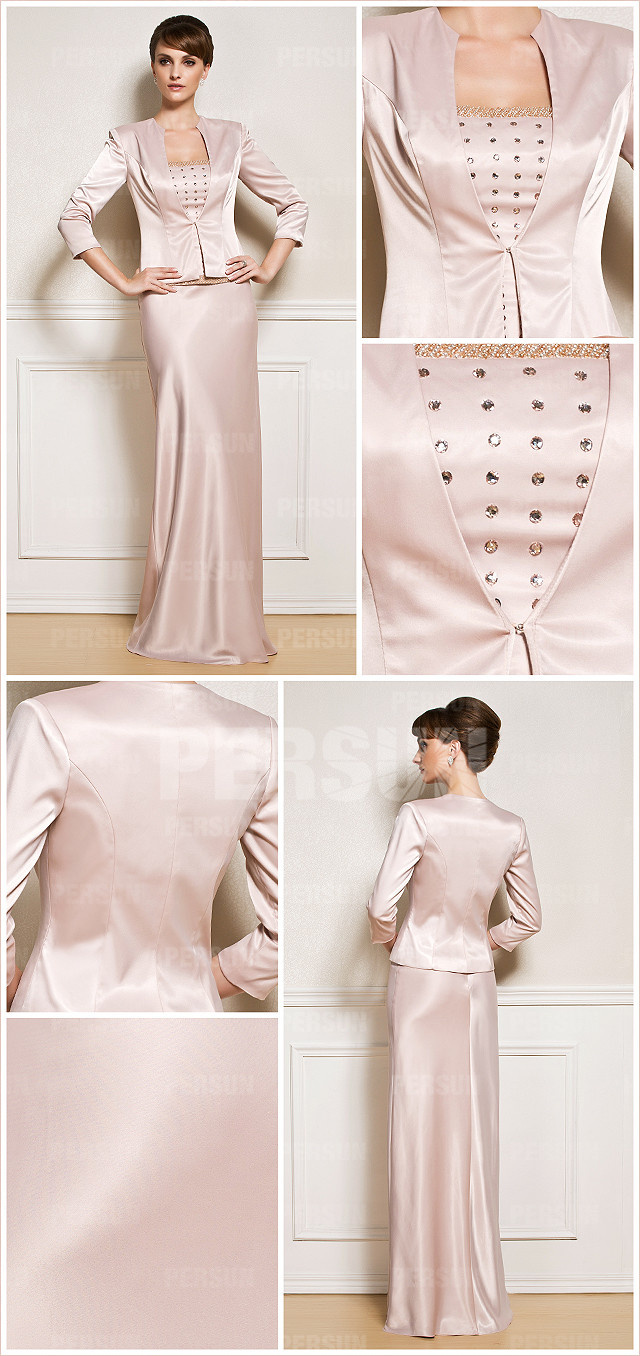  Elegant Pink Beaded Satin Mother of the Bride Dress with Jacket front and back design details