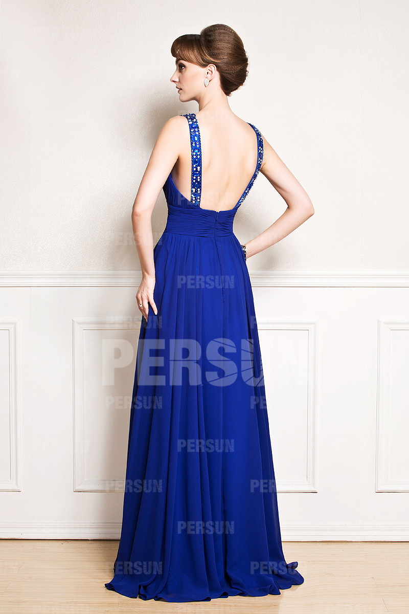 Blue tone Full length Backless Chiffon Formal mother of the bride dress