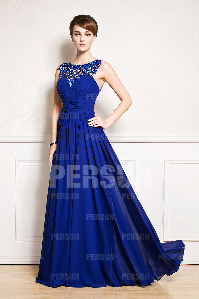 Blue tone Full length Backless Chiffon Formal mother of the bride dress