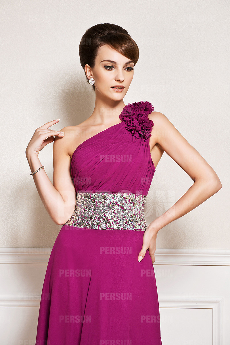 Empire Fuchsia tone One shoulder long mother of the bride dress