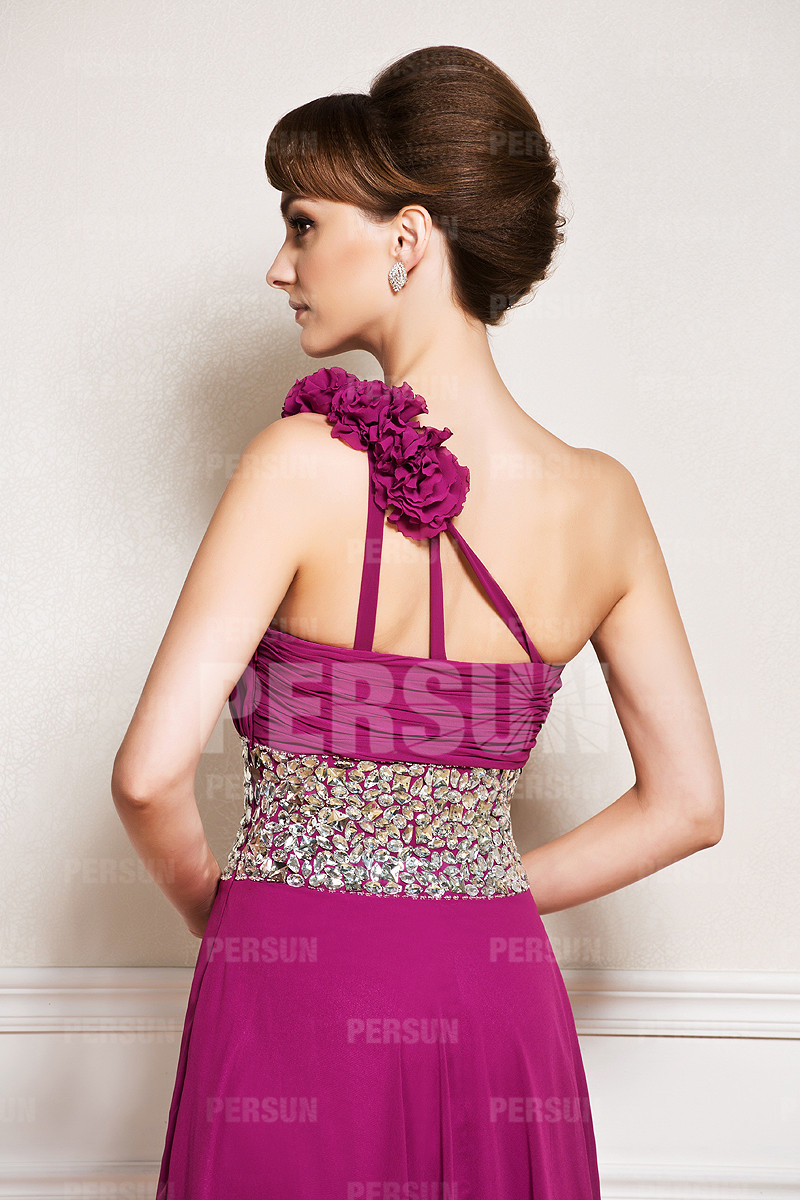 Empire Fuchsia tone One shoulder long mother of the bride dress