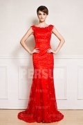 Luxus rotes langes Etui-Linie Rund-Ausschnitt Abendkleid aus Tüll