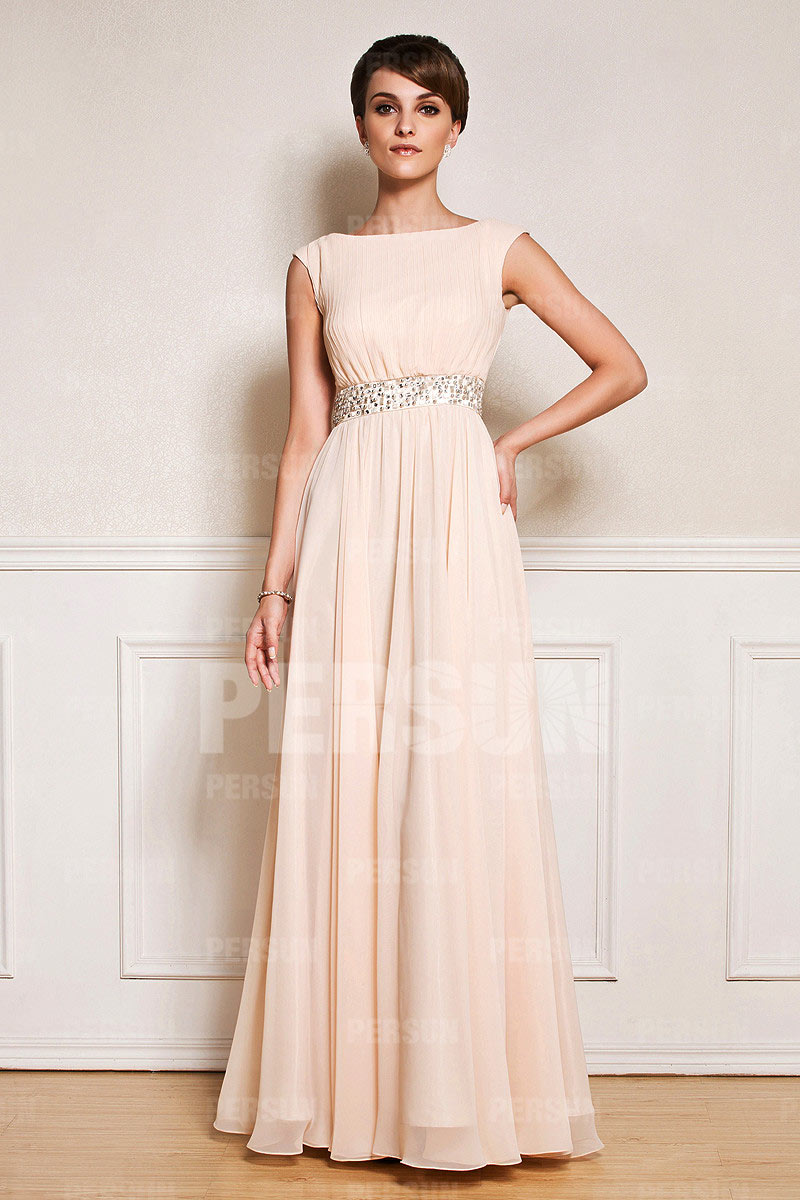 Boat Neckline Cap Sleeves Beaded Chiffon Mother of the Bride Dress