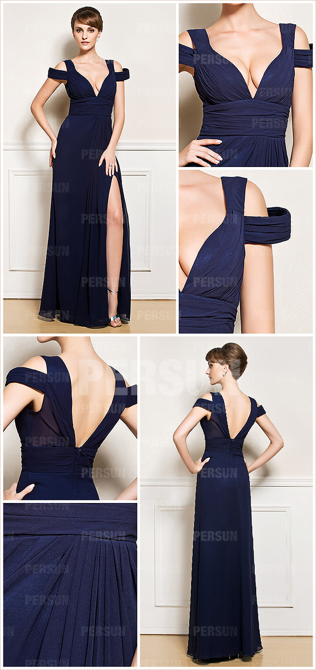  Sexy v neck column long chiffon backless blue evening derss with cap sleeves details