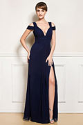 Sexy Blau Etui-Linie V-Ausschnitt Bodenlang Rückenfreies Abendkleid