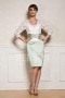 V neck Mother of the Bride dress with lace top and 3/4 length sleeve