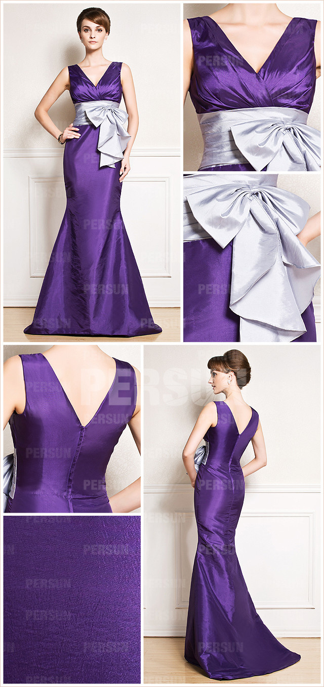  Simple v neck mermaid purple chiffon ribbon empire bridesmaid Dress details