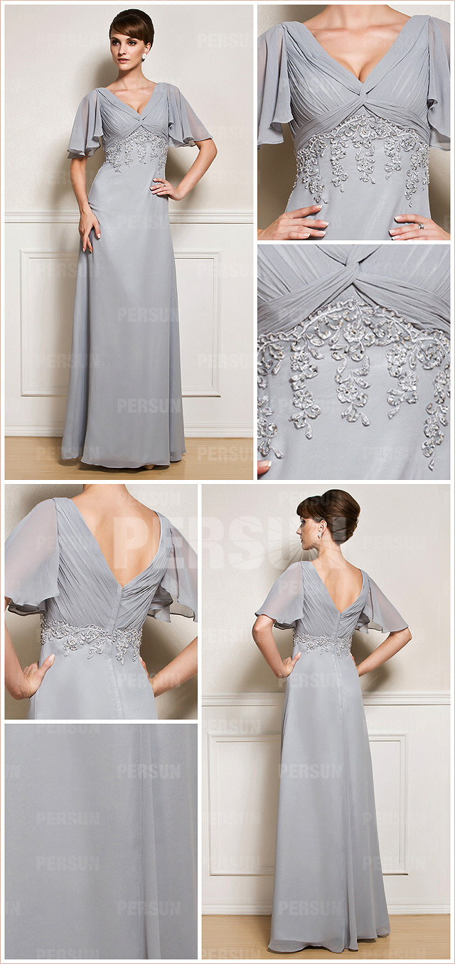  Vintage gray appliques appliques long v neck mother of the bride dress