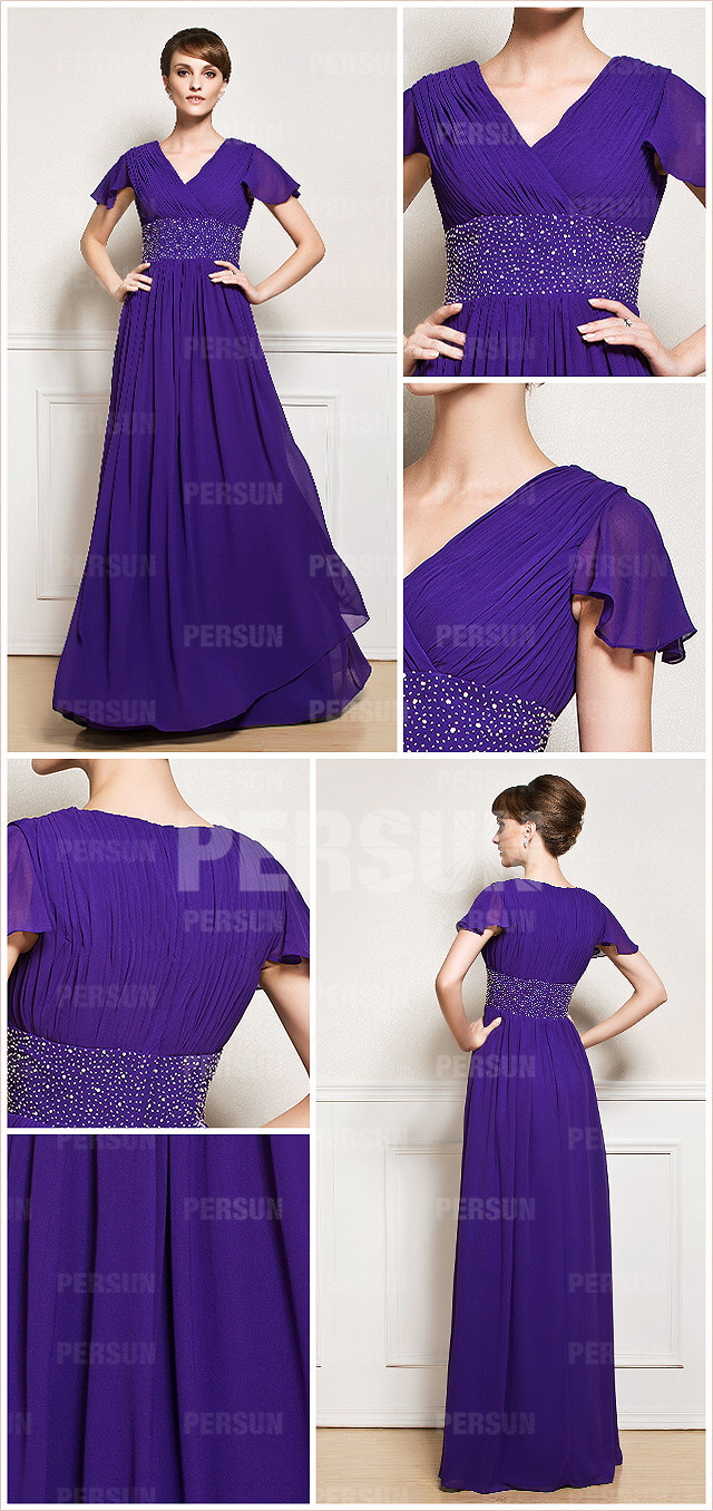  Simple v neck purple long chiffon ruching mother of the bride dress details