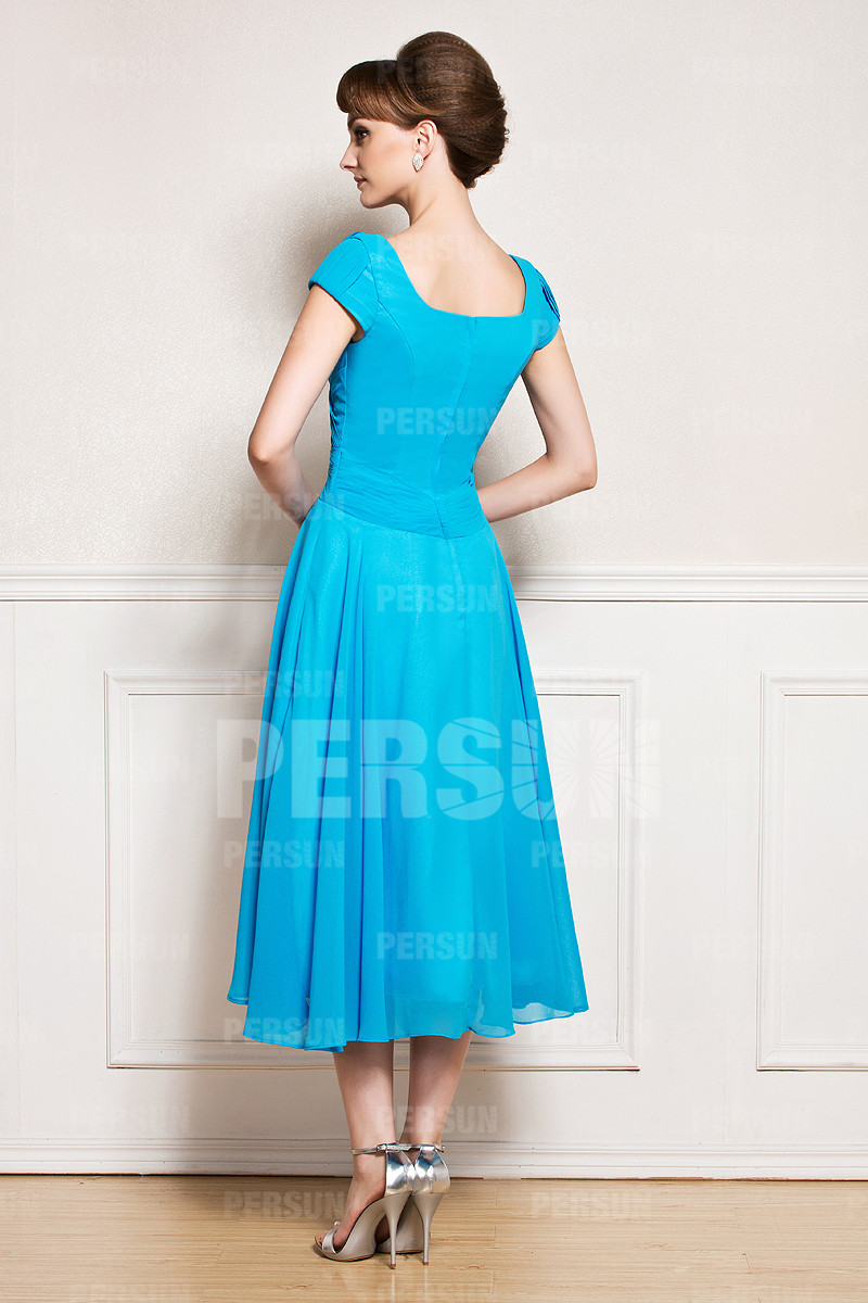 Simple Chiffon Ruching Blue Short Sleeve Mother of the Bride Dress