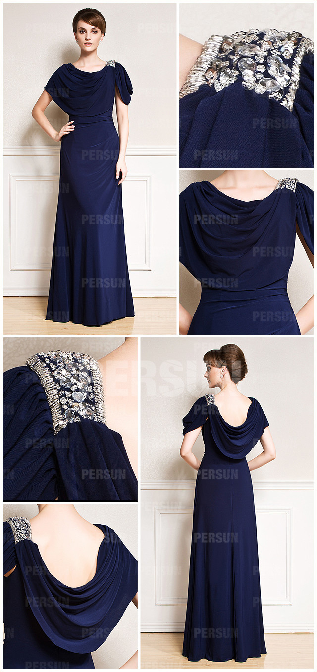  Elegant draping chiffon blue beading evening dress with sleeves details