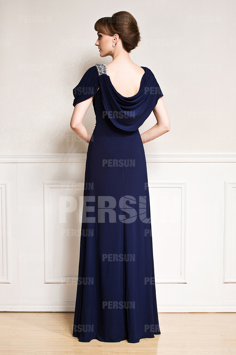 Draping neckline Cap Sleeves Chiffon Long Evening gown in Blue tone