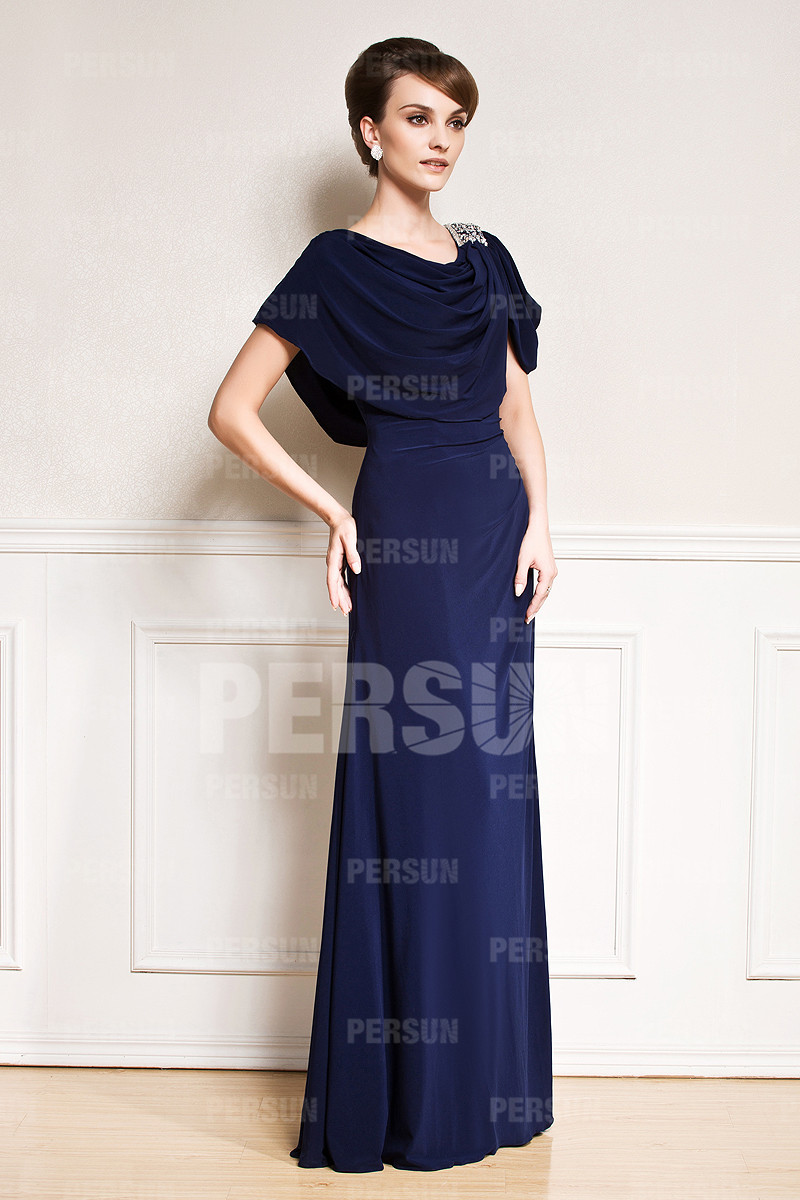 Draping neckline Cap Sleeves Chiffon Long Evening gown in Blue tone