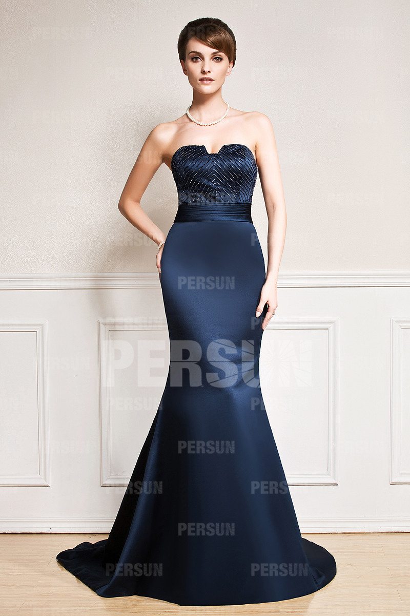 Notched neckline Beaded bust Satin Mermaid Evening Formal Gown