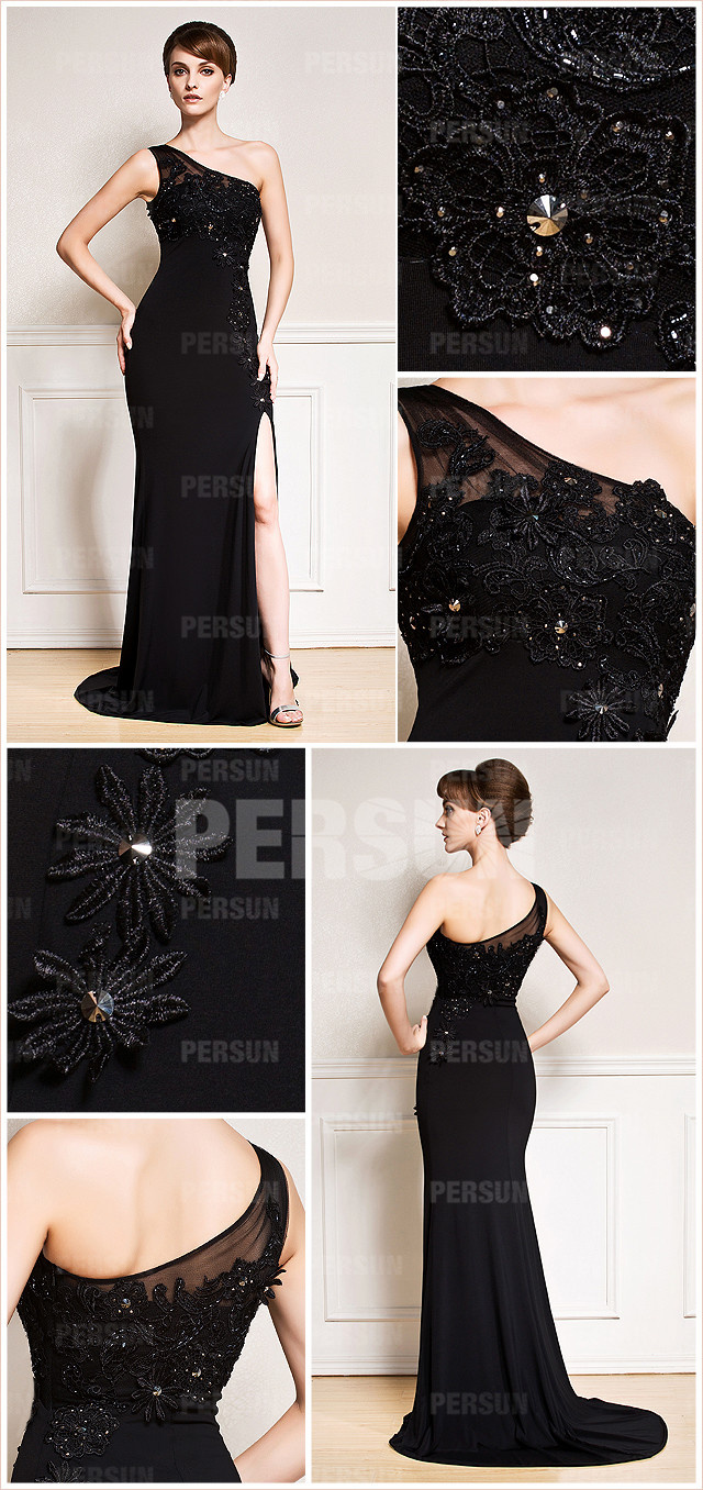  One shoulder modern applique split fron chiffon formal evening dress details