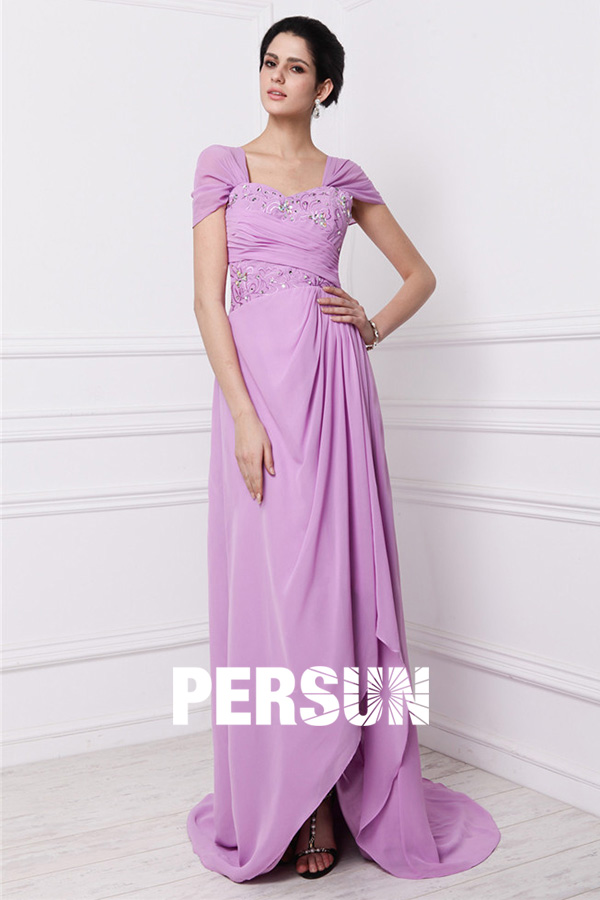 Modern Embroidery Purple Tone Chiffon Sweep Train Long Formal Dress