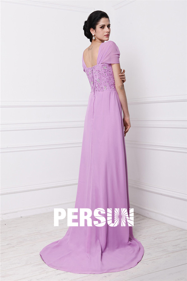 Modern Embroidery Purple Tone Chiffon Sweep Train Long Formal Dress