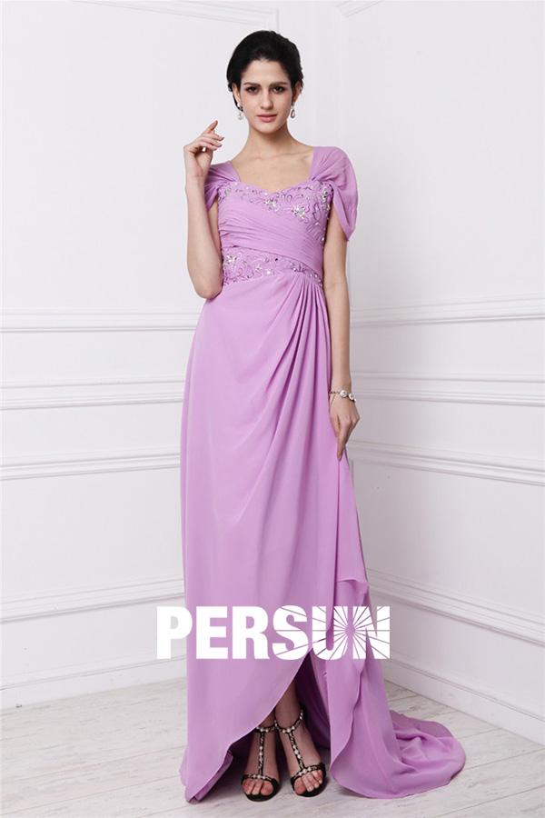 Modern Embroidery Purple Tone Chiffon Sweep Train Long Formal Dress