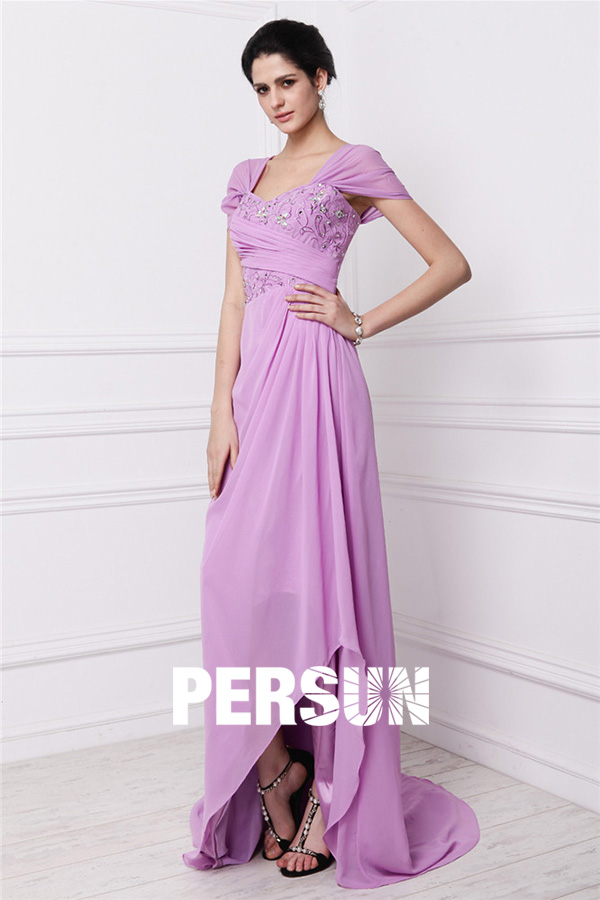 Modern Embroidery Purple Tone Chiffon Sweep Train Long Formal Dress